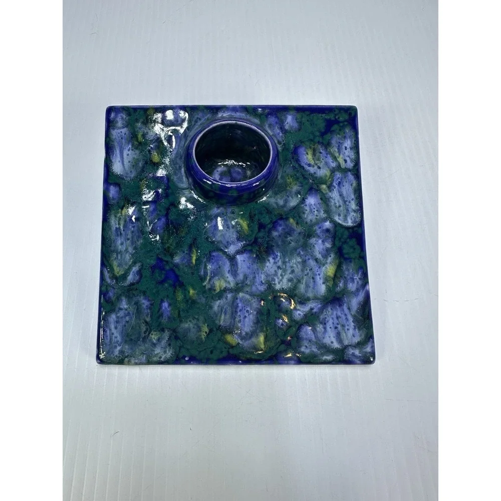 VINTAGE ART POTTERY IKABANA WARE VASE BLUE PURPLE CERAMIC GLAZED SQUARE